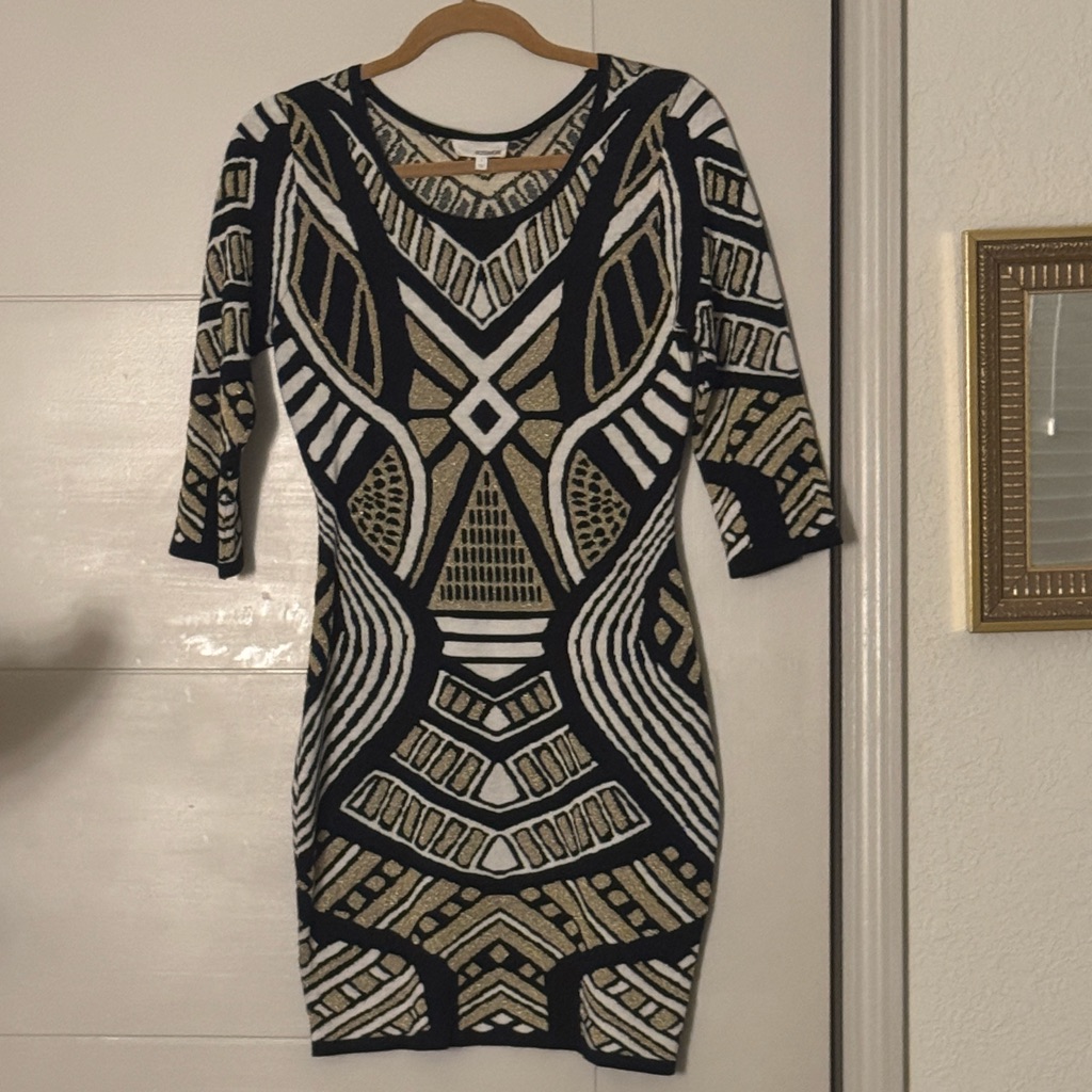 Geometric Black And Gold Midi Dress